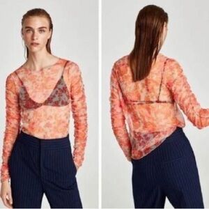 Zara Floral Sheer Blouse size Medium - Orange sheer top with ruching sleeves